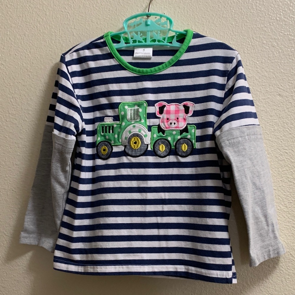 Tractor Pig Farm Blue Striped Long Sleeve Cotton Spandex Shirt Size 3 Gingham